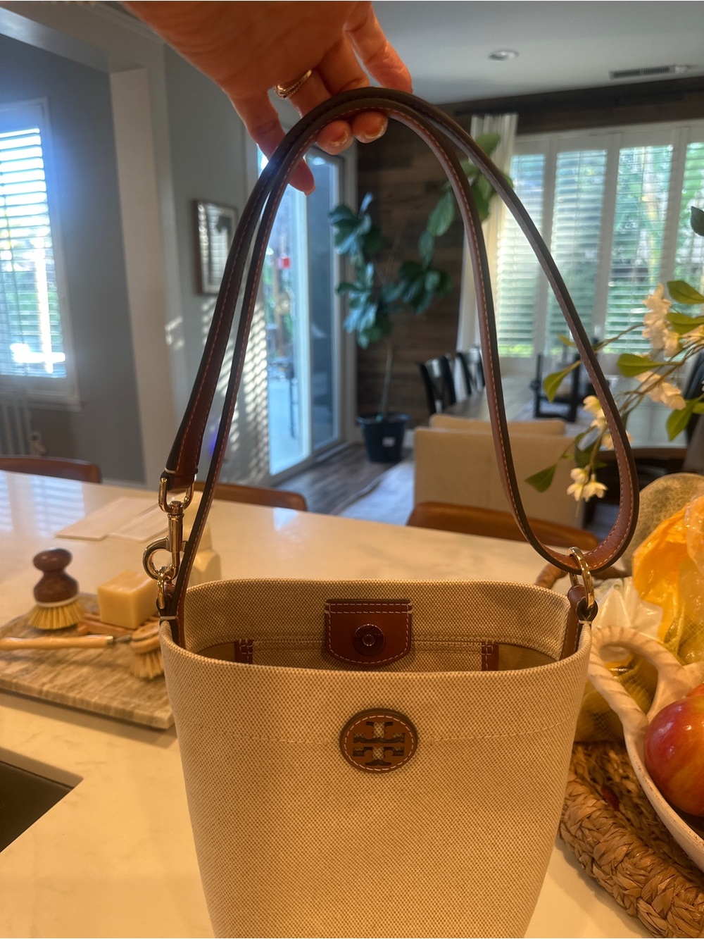Tory Burch Light Beige Canvas Bucket Bag with Brown Leather Trim - Picture 10 of 10
